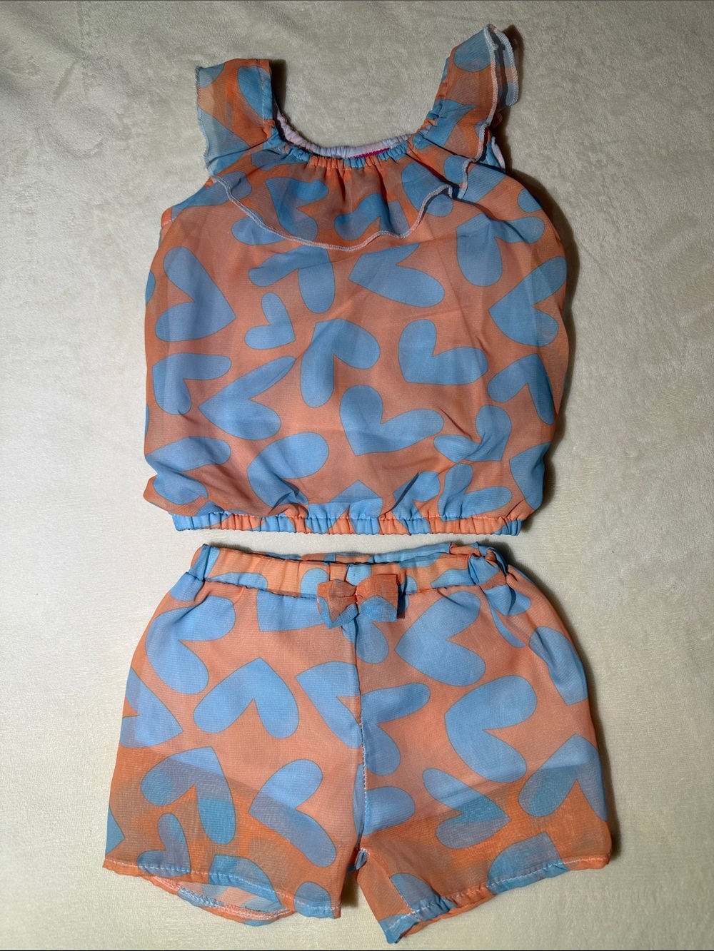 Peach & Light Blue Heart Print Kids Matching Set